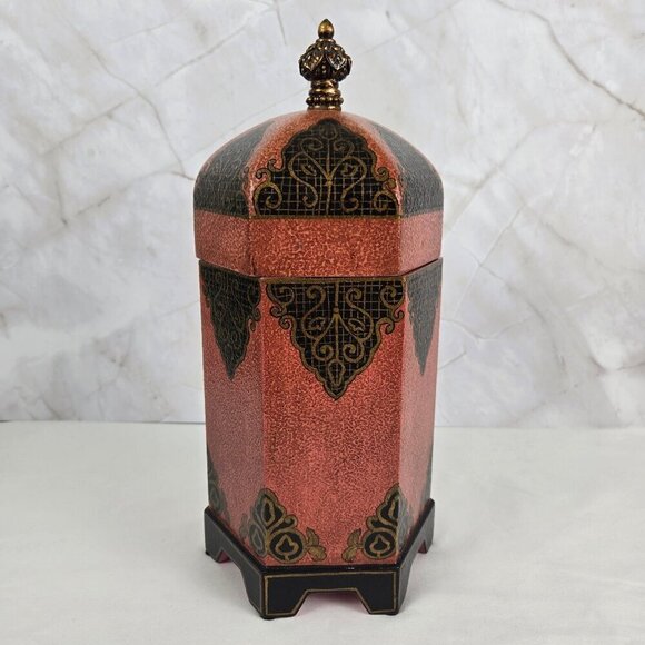 Hand Painted Hexagonal Shaped Box Hinged Lid Decorative Knob on Top Footed